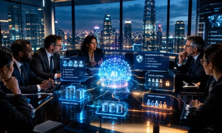 Corporate executives reviewing artificial intelligence governance, risk management and human oversight in a modern boardroom