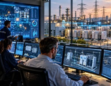 AICOT AI-driven industrial cybersecurity control room with solar power infrastructure