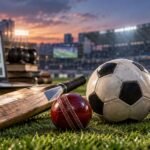 Cricfooty cricket and football sports media concept with cricket bat, red ball and football in stadium