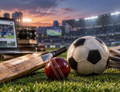 Cricfooty cricket and football sports media concept with cricket bat, red ball and football in stadium