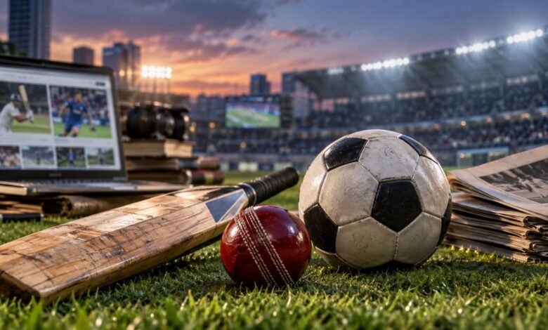 Cricfooty cricket and football sports media concept with cricket bat, red ball and football in stadium