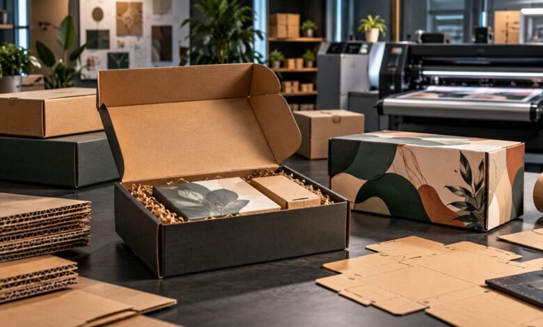 Custom mailer boxes and printed packaging displayed in a modern packaging design studio