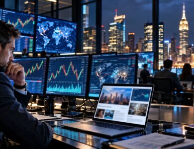FintechZoom.com financial news and trading platform visualised in a modern market newsroom