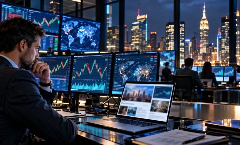 FintechZoom.com financial news and trading platform visualised in a modern market newsroom