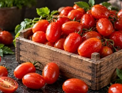 Fresh red grape tomatoes arranged in a rustic wooden crate