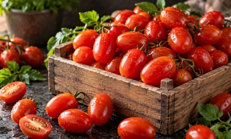 Fresh red grape tomatoes arranged in a rustic wooden crate