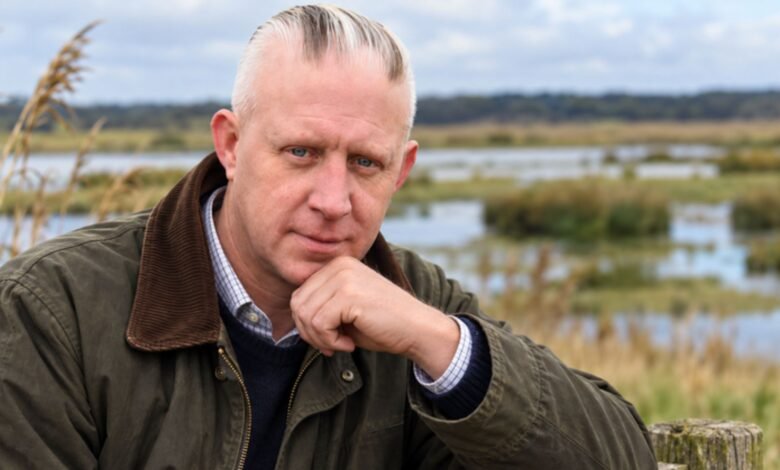 Jacob Fiennes, Joseph Fiennes’ twin brother, pictured in a Norfolk wetland conservation setting