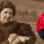 Jennifer Lash with a dog alongside a portrait of Ralph Fiennes