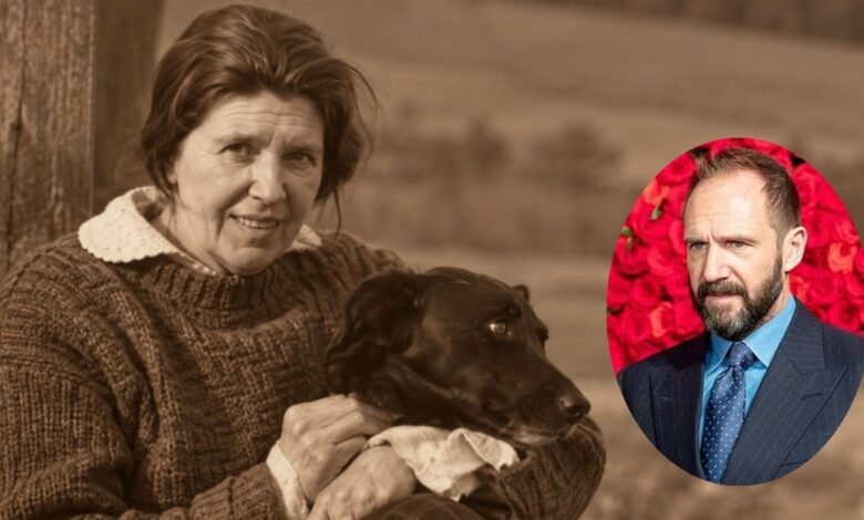 Jennifer Lash with a dog alongside a portrait of Ralph Fiennes
