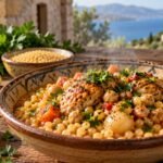 Traditional Greek Kouskousi pasta with chicken, chickpeas and vegetables in a rustic bowl