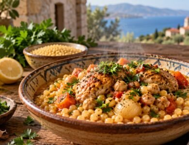 Traditional Greek Kouskousi pasta with chicken, chickpeas and vegetables in a rustic bowl