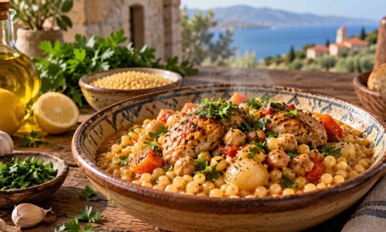 Traditional Greek Kouskousi pasta with chicken, chickpeas and vegetables in a rustic bowl