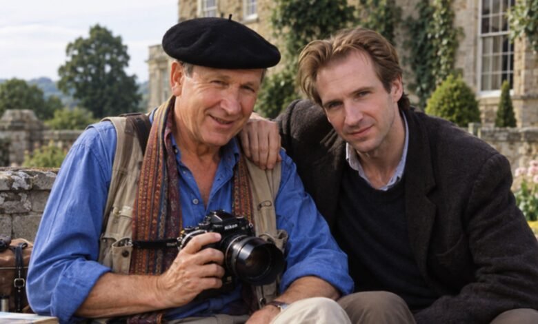 Mark Fiennes with his son Ralph Fiennes outside a historic English estate