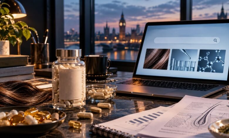 Pantagonar health supplement research scene with capsules, hair strands and laptop