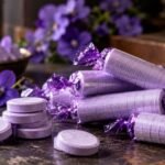 Parma Violets purple sweets and violet flowers arranged on a vintage confectionery counter