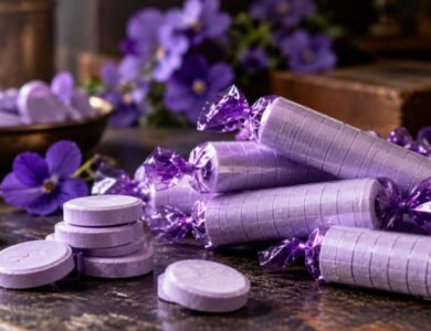 Parma Violets purple sweets and violet flowers arranged on a vintage confectionery counter