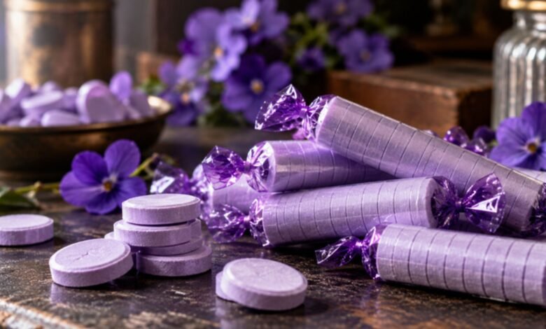 Parma Violets purple sweets and violet flowers arranged on a vintage confectionery counter