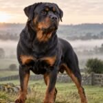 Rottweiler standing alert in the British countryside at sunrise