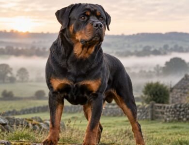Rottweiler standing alert in the British countryside at sunrise