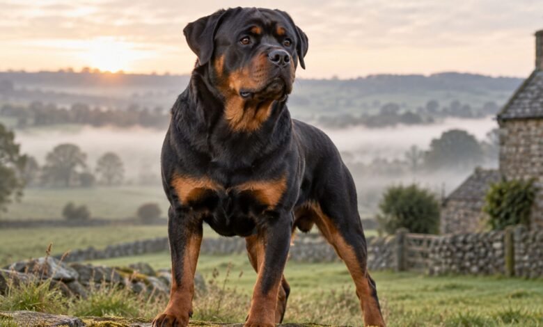 Rottweiler standing alert in the British countryside at sunrise