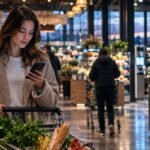 Supermaked-inspired modern supermarket interior with digital shopping and self-checkout