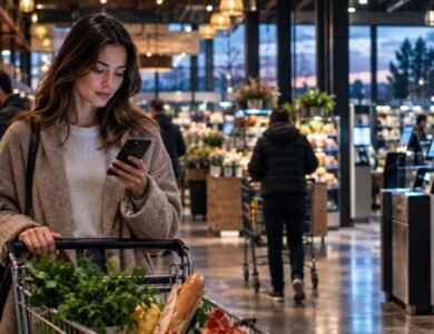 Supermaked-inspired modern supermarket interior with digital shopping and self-checkout