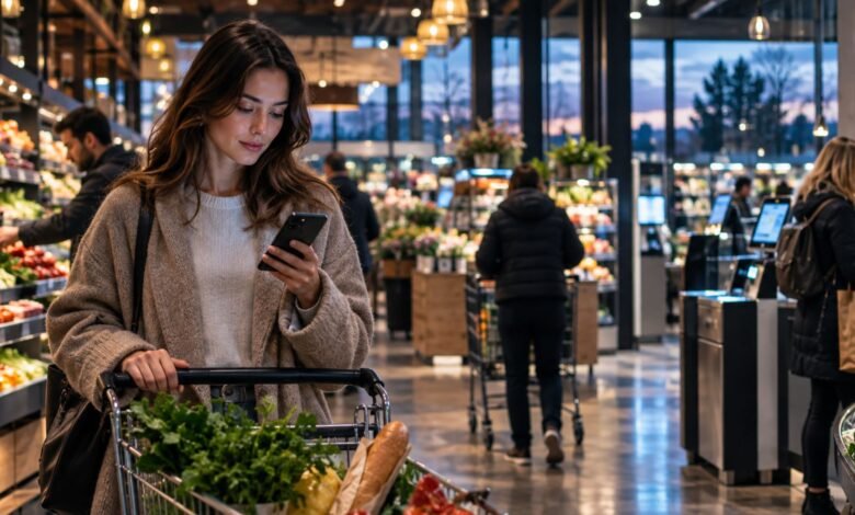 Supermaked-inspired modern supermarket interior with digital shopping and self-checkout