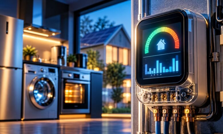 Wattios electrical power measurement shown on a modern digital energy meter